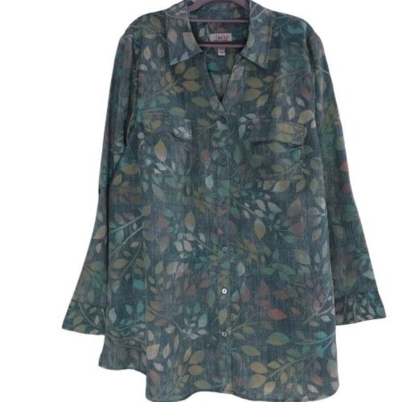 NWOT Denim & Co. Floral Woven Button Front Roll Tab Sleeve Tunic Shirt Green 2X - Picture 1 of 6